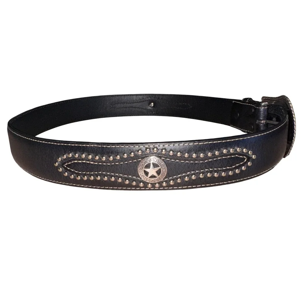Nocona Black Leather Western Belt Silver Studded Star Concho Mens 36 N2470201